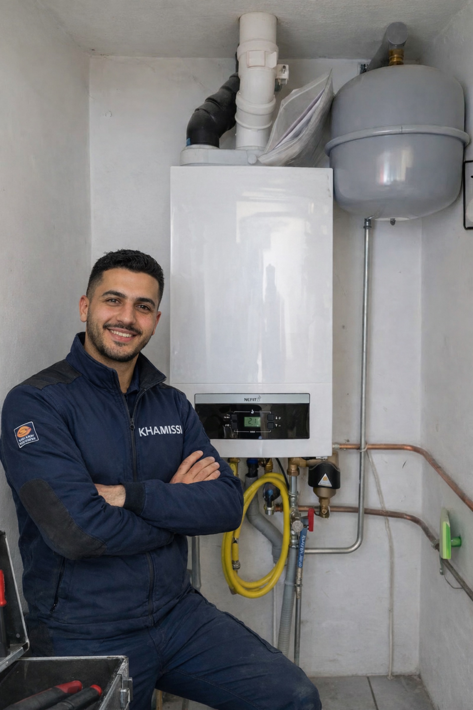 Ayoub Khamissi naast geïnstalleerde Nefit CV-ketel